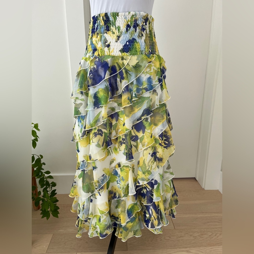 COCO BIANCO Tiered Lined Layered Skirt Dress Ruffles Smocked Floral Garden Party